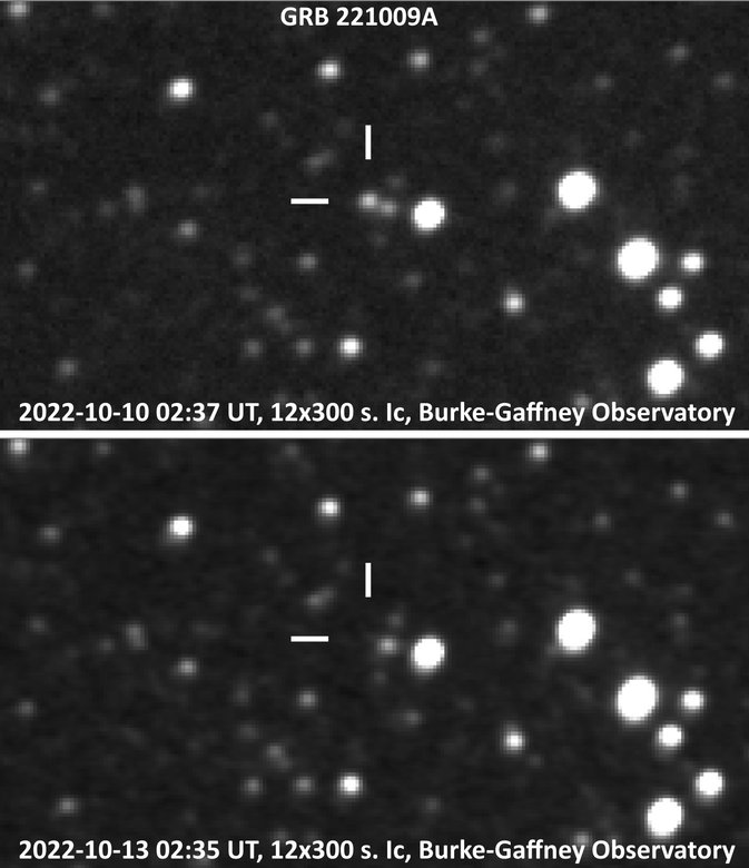 Изображения из фотографий, полученных 10 и 13 октября 2022 года на удалённом телескопе BGO, показывающие угасание оптического послесвечения гамма-всплеска GRB 221009A / Филипп Романов/Saint Mary’s University
