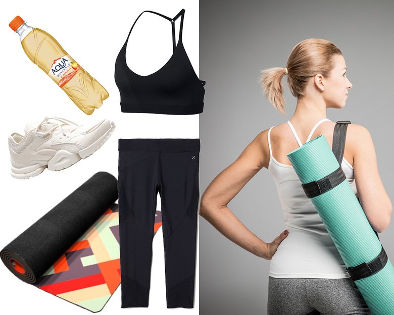 Топ Nike; вода Aqua Minerale с соком; кроссовки Reebok; коврик Yoga Id (FV Sport); лосины H&M