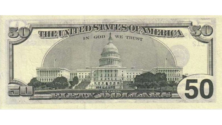 50 долларов 2004 года выпуска (реверс). 50 долларов 2004 года выпуска (реверс).