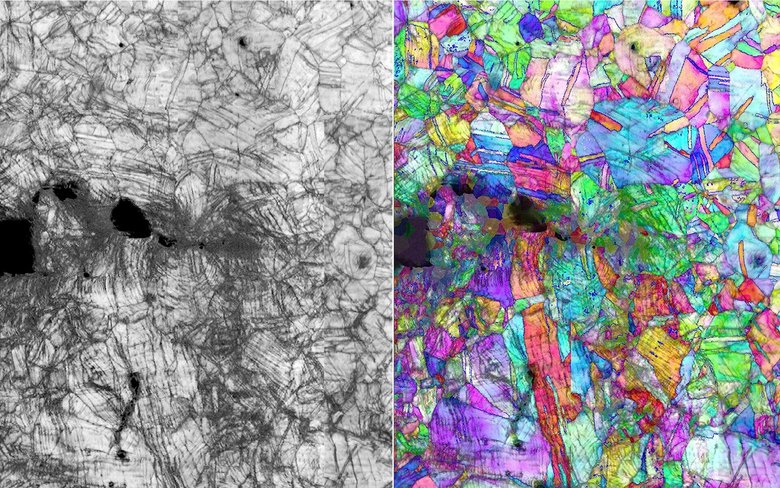 Снимки, полученные с помощью микроскопии, показывают траекторию разрушения и сопутствующую деформацию кристаллической структуры в сплаве CrCoNi в нанометровом масштабе. Трещина появилась во время испытаний при температуре -253 ºС. Фото: Robert Ritchie/Berkeley Lab