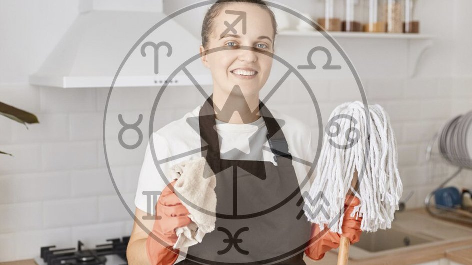 Женщина на кухне со шваброй и знаки зодиака.