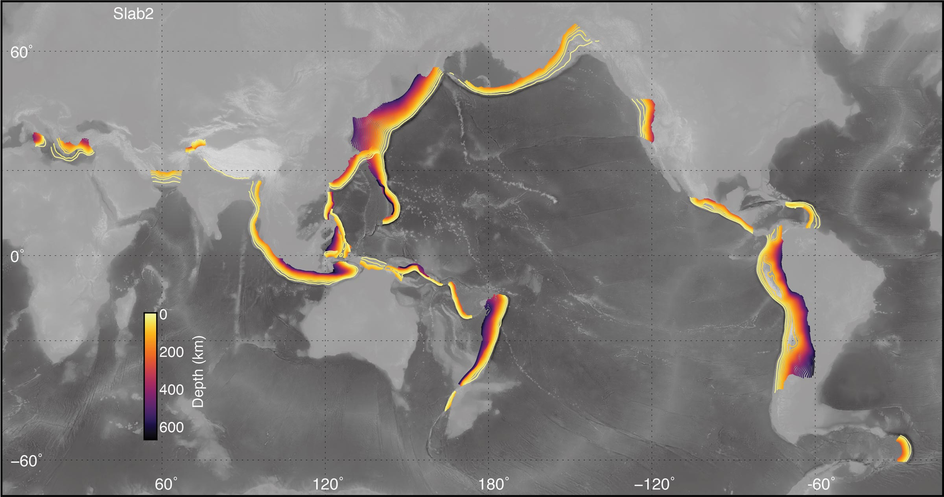 Глобальная карта зон субдукции с субдукционными плитами, выделенными по глубине погружения