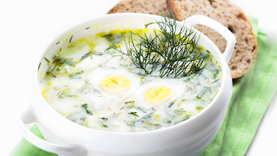 Тарелка окрошки с курицей стоит на столе рядом с хлебом Тарелка окрошки с курицей стоит на столе рядом с хлебом