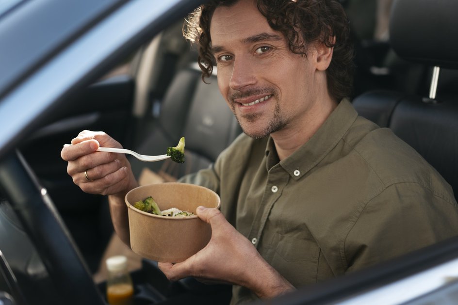 Мужчина ест салат за рулем в автомобиле