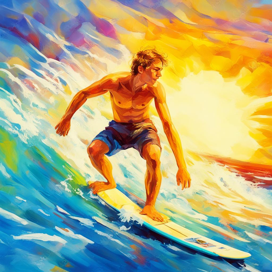 Молодой парень катается на серфинге в стиле картин Айвазовского