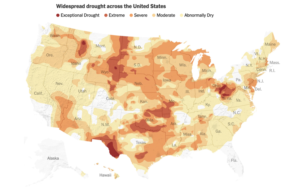 Карта показывает наиболее и наименее пострадавшие от засухи территории США.