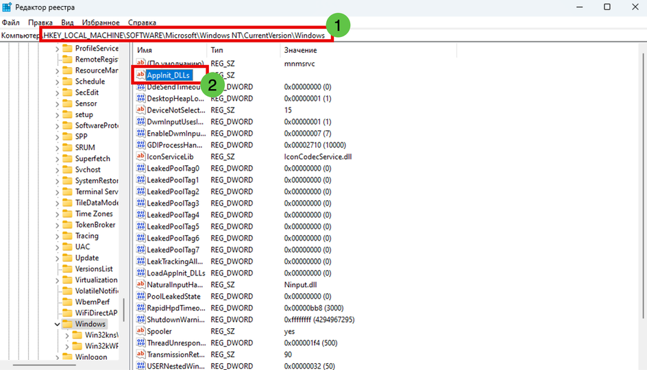 Скриншот окна редактора реестра с ключом «AppInit_DLLs»