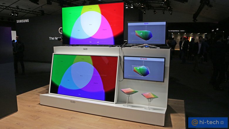 Сравнение технологий QLED и OLED на одной из презентаций компании Samsung. Рассматривая этот кадр учитывайте, что фотография не передает реальное качество цвета, а настройки обоих телевизоров неизвестны.