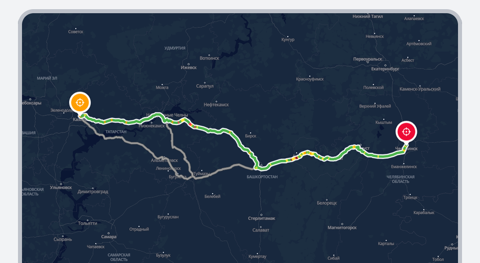 Пример маршрута в навигаторе из Казани в Челябинск