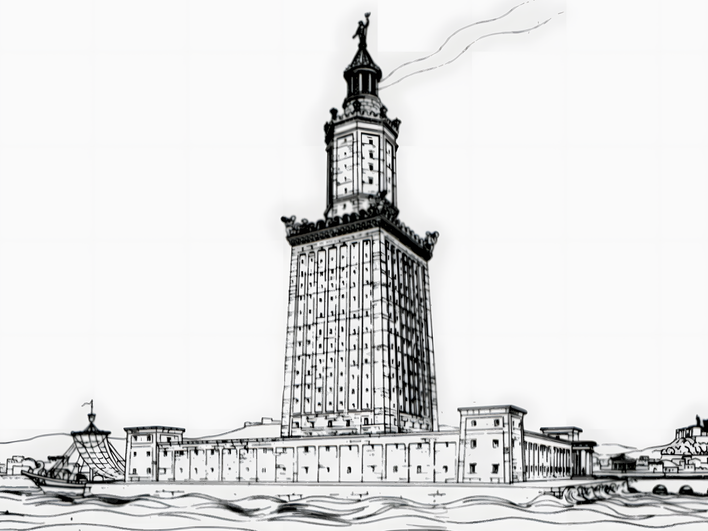 Рисунок Александрийского маяка — одного из семи чудес света Древнего мира