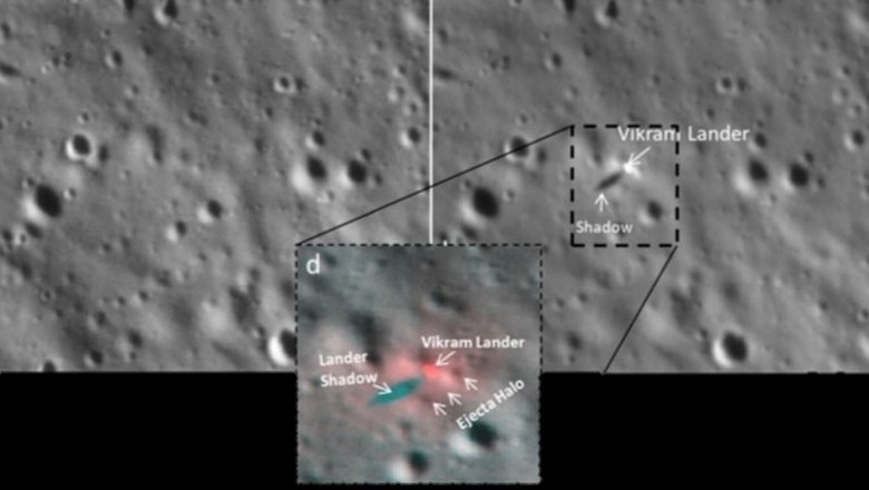 Луна до посадки индийского аппарата (слева) и после (справа) с композицией, показывающей ореол выброса, окружающий посадочный модуль «Викрам». Фото: ISRO 
