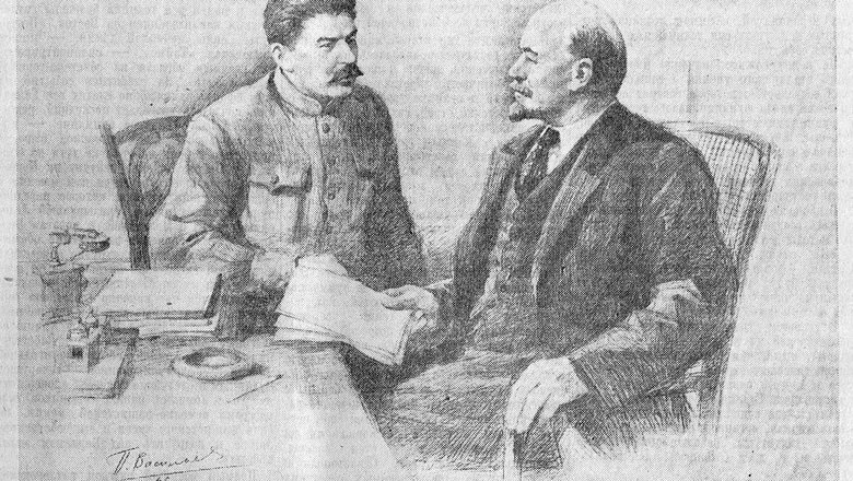 Товарищи В. И. Ленин и И. В. Сталин. Рисунок П. Васильева. Товарищи В. И. Ленин и И. В. Сталин. Рисунок П. Васильева.