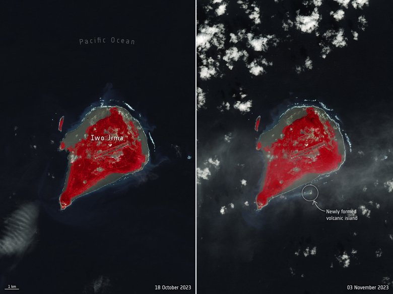 Новый вулканический остров отмечен указателем. Фото сделано до и после его появления. Источник: ESA/USGS