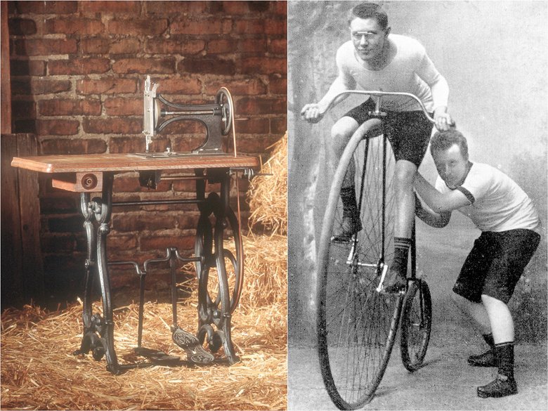 С этой швейной машинки, собранной в 1862-м, и начиналось семейное предприятие Опелей. Велосипеды стали для семейства Опелей настоящей страстью. На снимке один из пяти сыновей Адама — Вильгельм — помогает разогнаться знакомому велогонщику