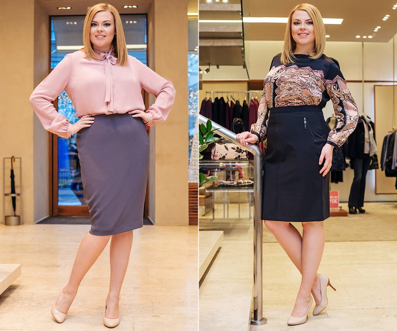 Слева: юбка, блузка (все — Elena Miro), туфли — собственность модели; справа: юбка, блузка (все — Elena Miro), туфли — собственность модели