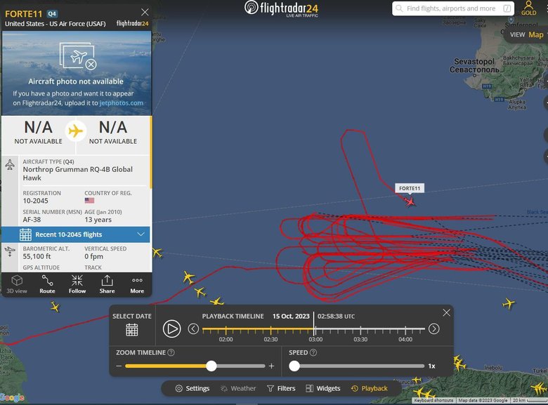 Полет RQ-4B Global Hawk отображен на карте Flightradar24. Фото: Flightradar24
