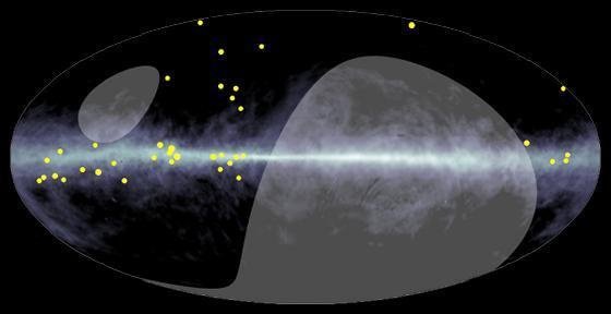 Диффузные гамма-лучи сверхвысоких энергий (показаны желтыми точками) распределены по галактике Млечный Путь. Серая заштрихованная область указывает на то, что находится за пределами поля зрения. Фото: HEASARC / LAMBDA / NASA / GFSC