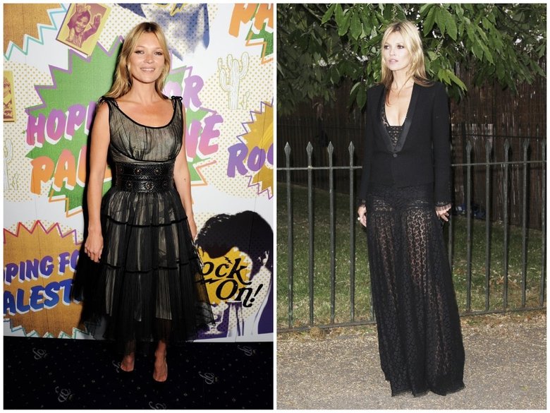 Кейт Мосс на благотворительном вечере Hoping Foundation в 2013 году (слева) и на летней вечеринке The Serpentine Gallery в 2013 году