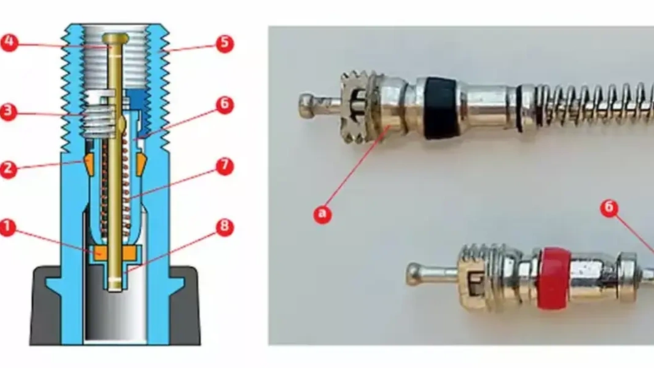 1 — уплотнительная втулка; 2 — уплотнитель; 3 — резьбовая втулка; 4 — стержень золотника; 5 — корпус вентиля; 6 — корпус клапана; 8 — чашка клапана. Золотники старого (а) и нового (б) образцов полностью взаимозаменяемы и сопротивление воздуху оказывают примерно одинаковое.