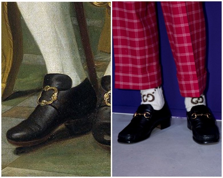 Слева: портрет Филиппа V (фрагмент), Луи-Мишель ван Лоо (c. 1743). Справа: Gucci. Backstage Milan Ready to Wear. Autumn/Winter 2017