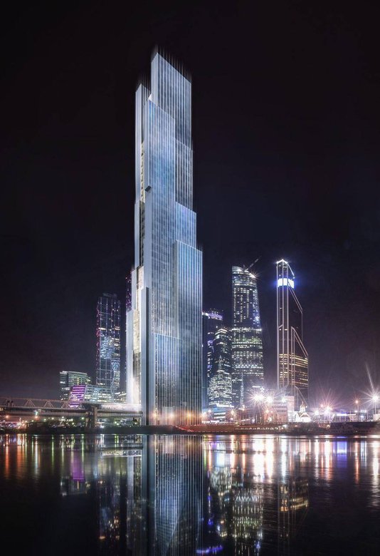 Новая башня купается в свете ночных огней. Фото: Telegram-канал «Новости Москвы»
