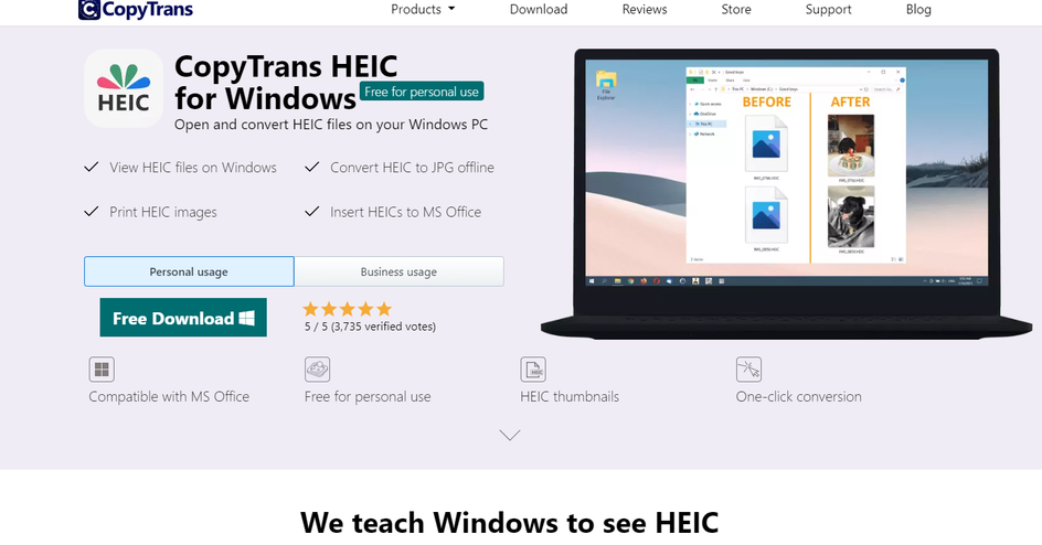 Скриншот страницы сайта CopyTrans с программным пакетом HEIC для Windows