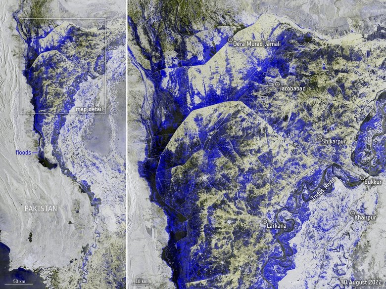 Синие и черные цвета показывают, где земля скрыта под водой. Река Инд вышла из берегов, фактически образовав длинное озеро шириной в десятки километров. Фото: esa.int