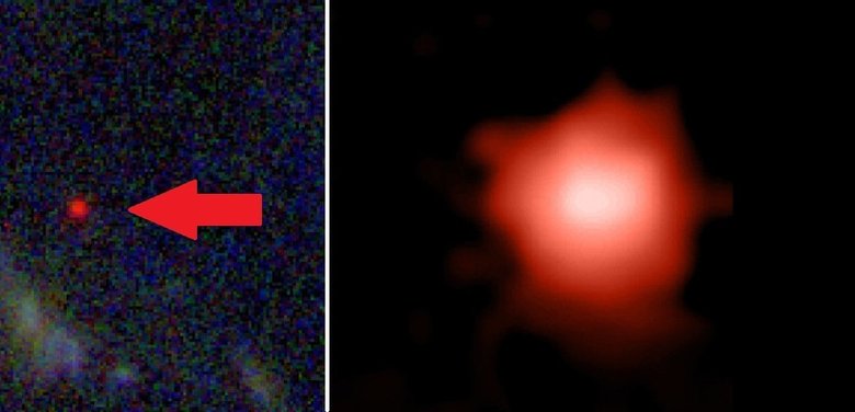 В видимом спектре галактика напоминает светящееся красное пятно с белым основанием. Скриншот: SpaceToday / YouTube