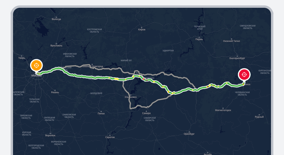 Пример маршрута в навигаторе из Москвы в Челябинск