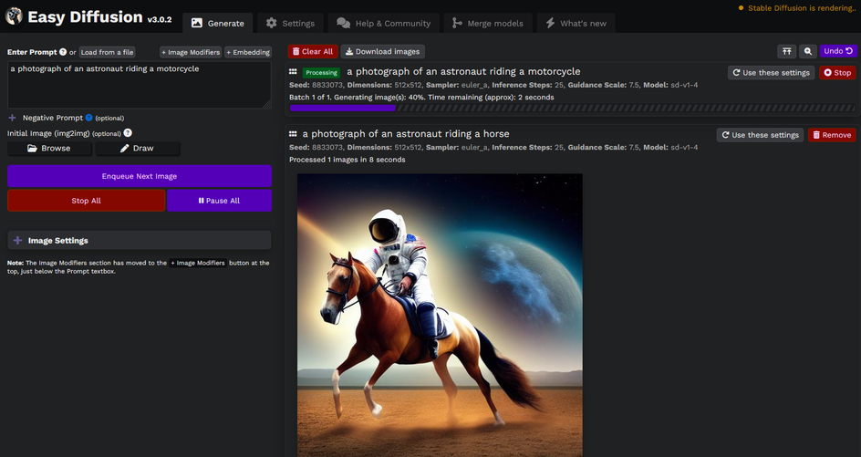 Интерфейс программы Easy Diffusion 3.0 со сгенерированной картинкой космонавта на коне