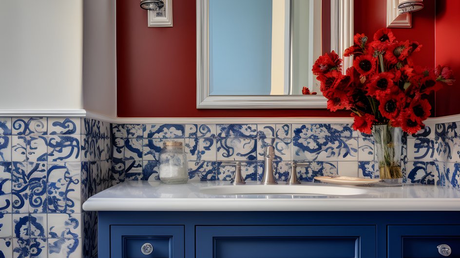 Красная ванная комната в стиле прованс с синим шкафом