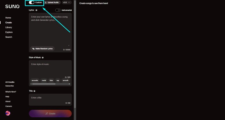 Скриншот окна программы Suno AI с переключателями кастомного режима генерации