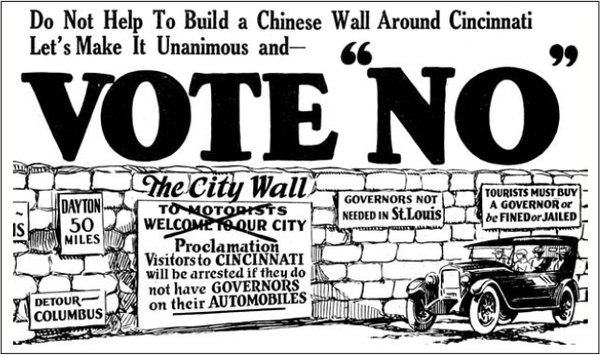 "Не дадим построить Китайскую стену вокруг Цинциннати. Все вместе проголосуем "НЕТ"!", - призывал один из плакатов, посвященных референдуму