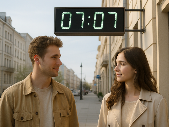 07:07 на уличных часах 07:07 на уличных часах