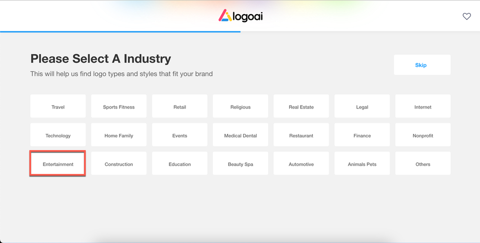 Скриншот LogoAi, где открыта страница выбора сферы деятельности компании Скриншот LogoAi, где открыта страница выбора сферы деятельности компании