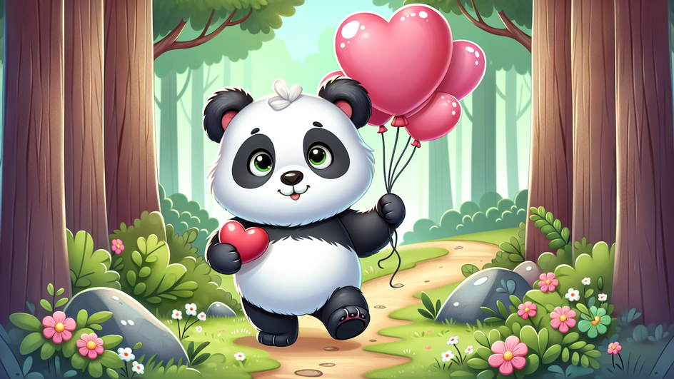 По лесу идет нарисованная панда и несет шарики.