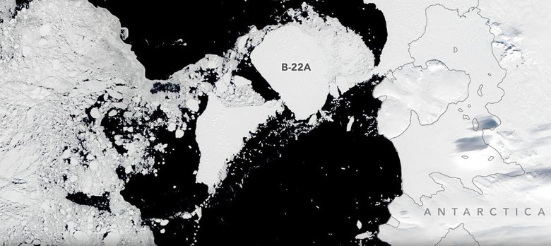 Так выглядит айсберг B-22A. Вид из космоса. Фотографию сделал спутник NASA Terra. Источник: NASA