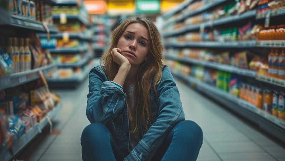 Девушка, воспитанная в духе быть удобной, сидит на полу в продуктовом магазине Девушка, воспитанная в духе быть удобной, сидит на полу в продуктовом магазине
