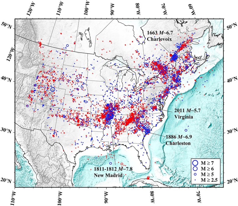 Пространственное распределение землетрясений в стабильной Северной Америке. Синие кружки — события между 1568 и 1979 годами. Красные кружки — события между 1980 и 2016 годами.