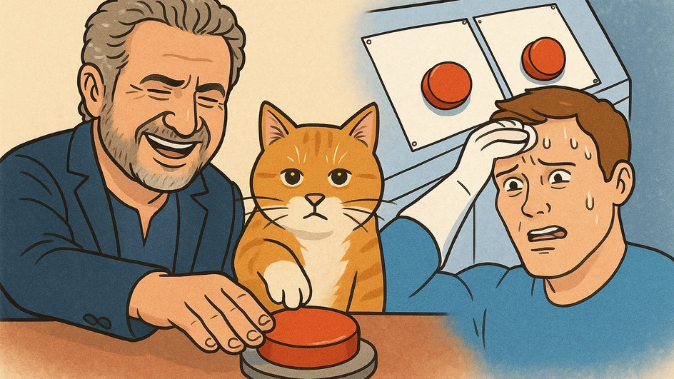 Нейросгенерированная картинка-коллаж, на которой Леодин Агутин, кот и анимированный персонаж из мемов про кнопки тянется к кнопкам. Нейросгенерированная картинка-коллаж, на которой Леодин Агутин, кот и анимированный персонаж из мемов про кнопки тянется к кнопкам.