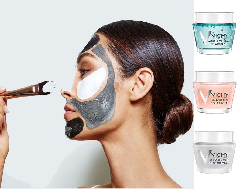 Минеральные маски Vichy: увлажняющая успокаивающая Masque Mineral Desalterant; маска-пилинг для сияния кожи Masque Peel Double Eclat; очищающая Masque Argile Purifiant Pores.