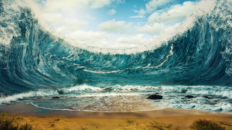 Художественная иллюстрация волны цунами, готовой обрушиться на пляж. Источник: livescience.com
