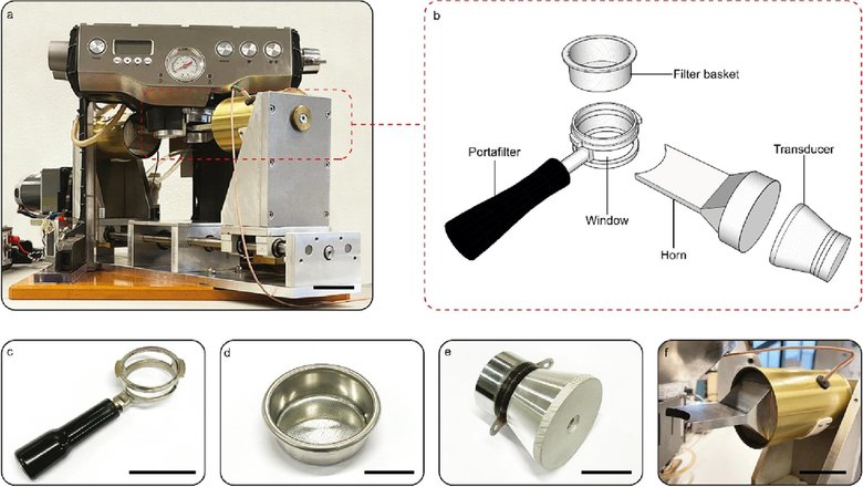 Ультразвуковая кофеварка по индивидуальному заказу и схема деталей для передачи ультразвука в корзину для кофе.