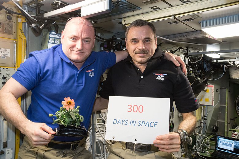 Скотт Келли и Михаил Корниенко празднуют 300-й день своей годовой экспедиции. Фото: NASA
