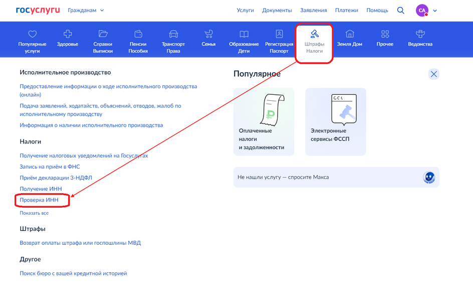 Скриншот страницы сайта Госуслуги с выделенными разделом «Штрафы и налоги» и услугой «Проверка ИНН»