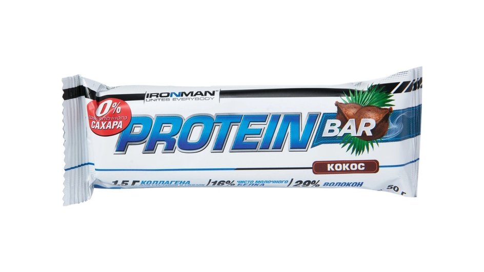 Протеиновый батончик фирмы IRONMAN Protein Bar вкус Кокос Протеиновый батончик фирмы IRONMAN Protein Bar вкус Кокос