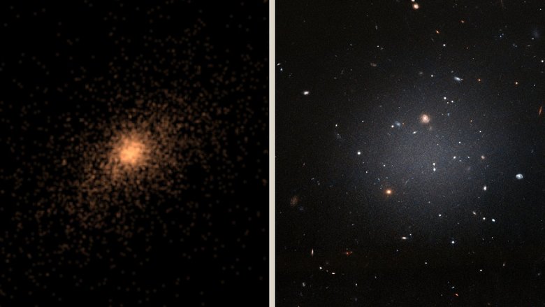 Слева одна из ультрадиффузных галактик, проанализированных в ходе моделирования. Справа почти прозрачное изображение галактики DF2. Фото: ESA / Hubble