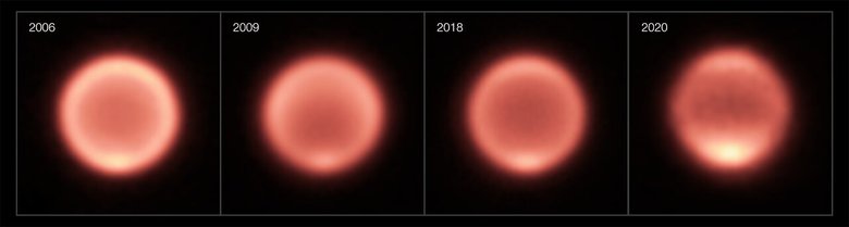 Инфракрасные изображения Нептуна, сделанные в 2006, 2009, 2018 и 2020 годах. Фото: ESO / M. Roman, NAOJ / Subaru / COMICS