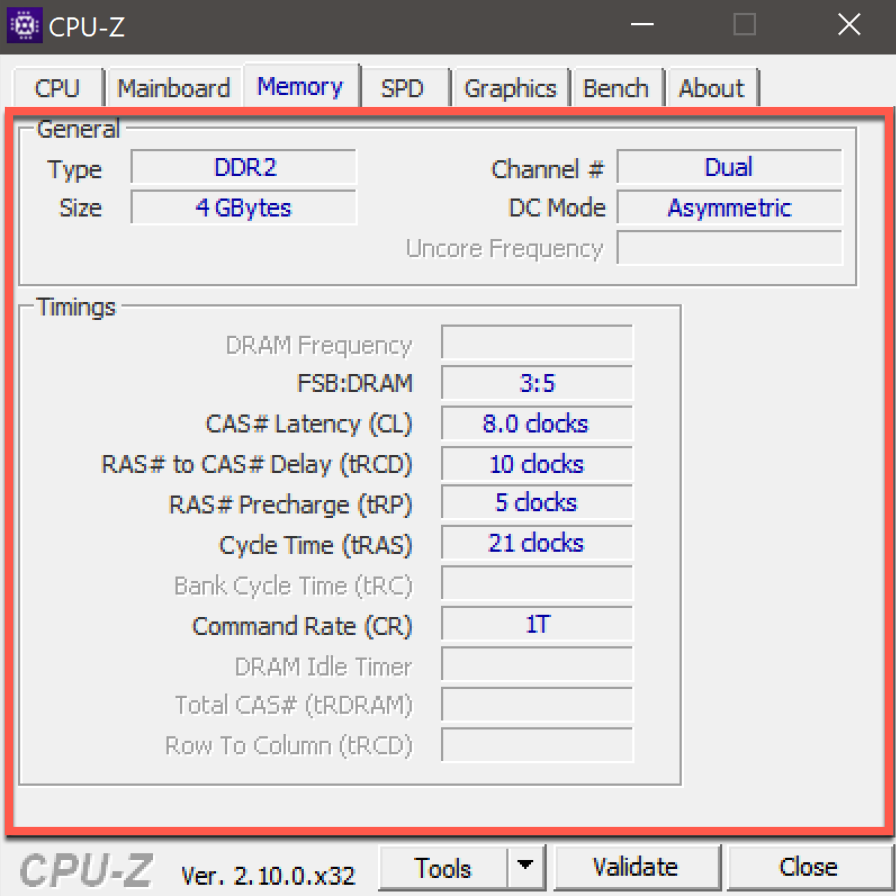 Скриншот окна программы CPU-Z с общей информацией и таймингами ОЗУ