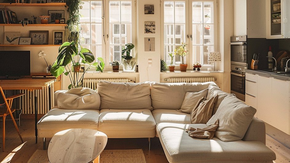 Освещенная солнцем квартира с кухней диваном и стеллажом 